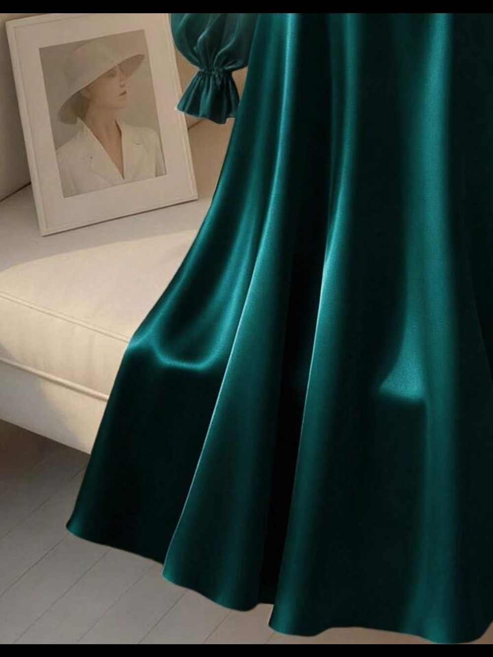 Pearl-Strap Emerald Satin Midi Dress with Sheer Bishop Sleeves - Picture 2 of 5